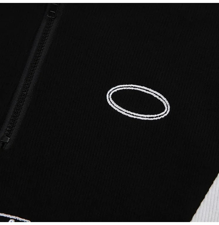 Summer New Pure Desire Spicy Girl Patchwork Contrast Color Embroidery Slimming Zipper Short Sleeve T-Shirt Women's Top