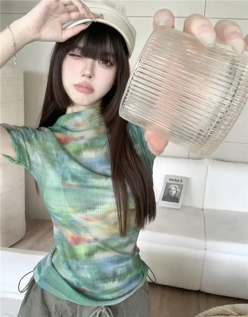 Turtleneck Woman Tops Tie DyeT Shirt for Women Japanese Vintage Fashion Korean Reviews Many Clothes Harajuku Clearance Basic