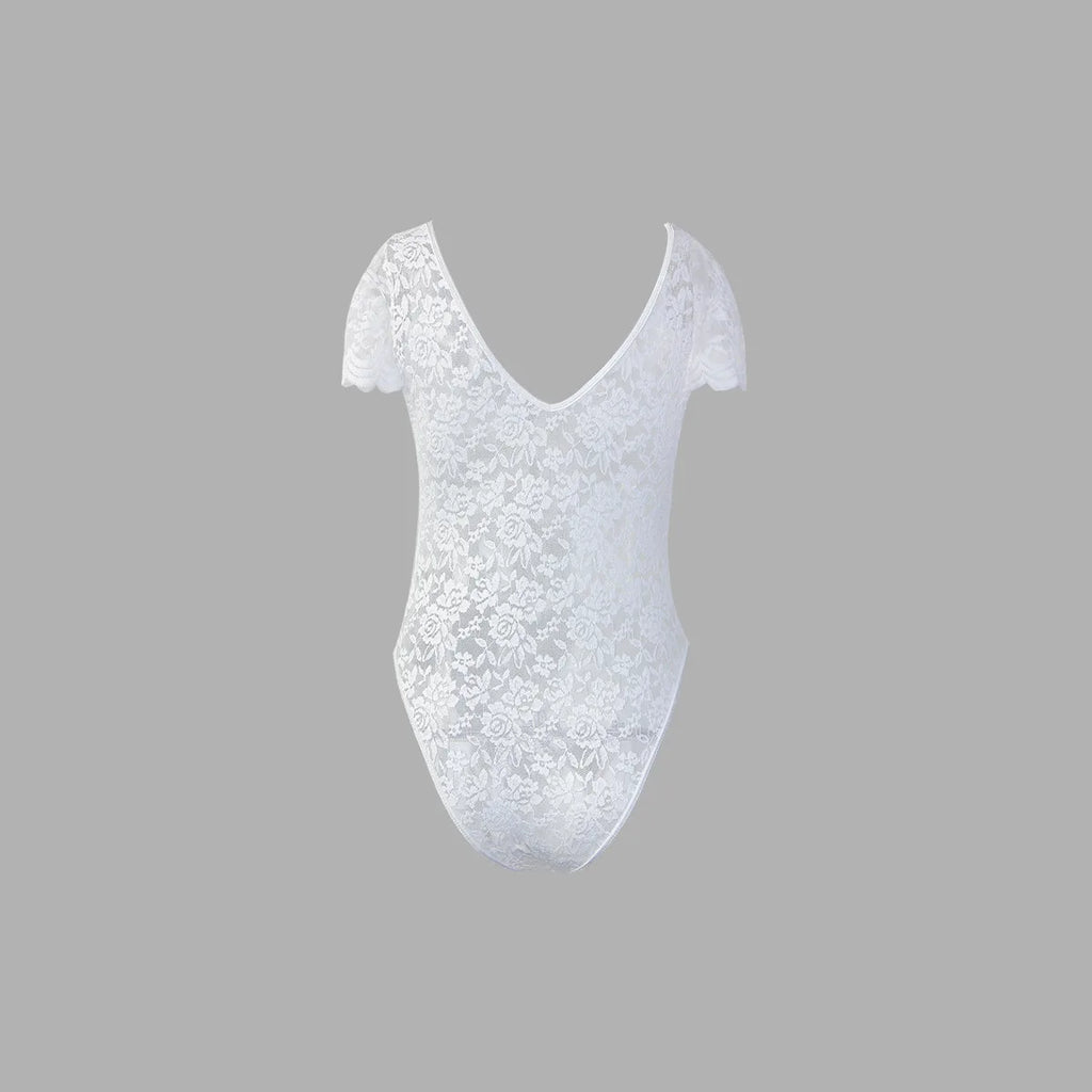 Women's Elegant White Lace Bodysuits Summer One Piece V-neck Jumpsuit Thongs Bodyshaper Tops Fashion Sexy Slim Fitted Shapewear