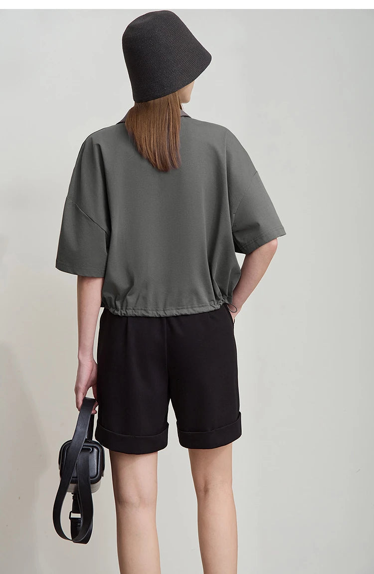 Amii Minimalist Cotton T-Shirts For Women 2025 Summer New V-Neck Pullover Loose Short Shoulder Sleeve Chic Commute Tops 12552001