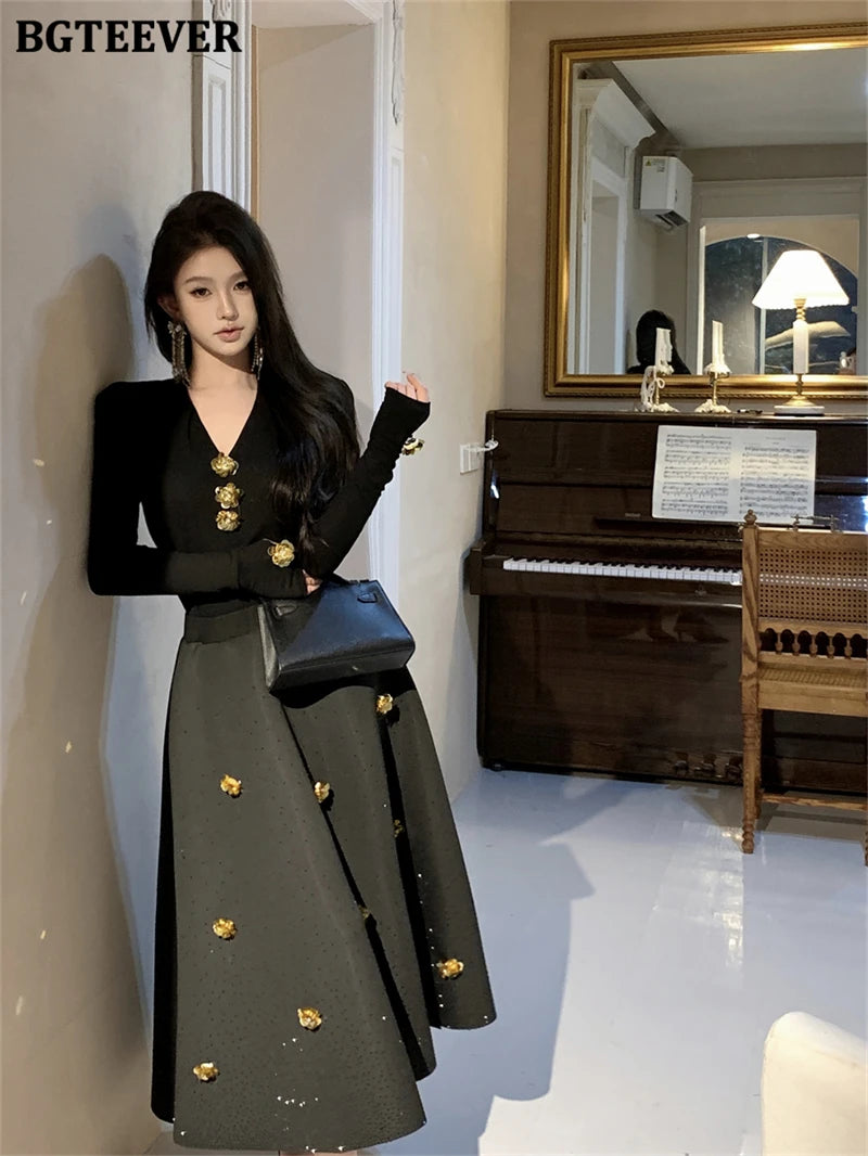 BGTEEVER Spring Elegant Ladies 2 Pieces Skirt Set Long Sleeve V-neck Pullovers & High Waist Loose A-line Skirts Women Outfits