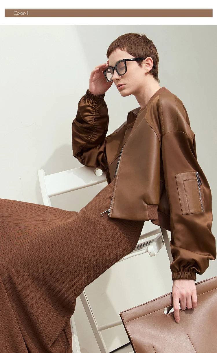 Amii Minimalism PU Leather for Women 2024 Autumn New Casual Handsome Baseball Collar Zipper Short Retro Female Jacket 12423080