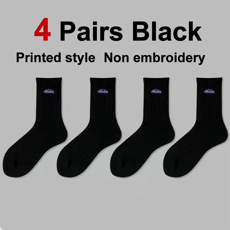 4 Pairs Men Solid Color Printed Mid Tube Socks Fashionable Letter Comfortable Sweat Absorbing Breathable Couple Casual Socks