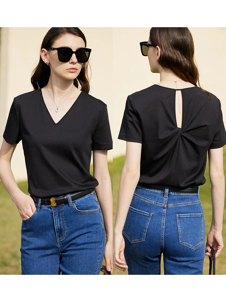 AMII Minimalism 100% Cotton Hollow Out Solid Short Sleeves Tees 2025 Spring New V Neck Top Women Casual Female T Shirt 12342289