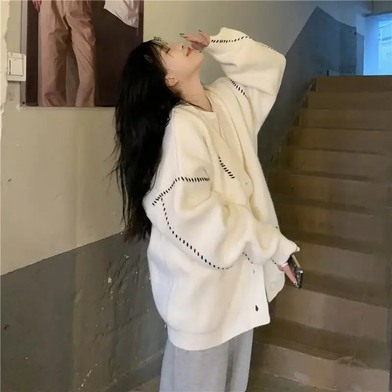 Autumn and Winter Lazy Style V-neck Knitted Sweater Cardigan Women Korean Version Loose Casual All-match Sweater Cardigan Coat