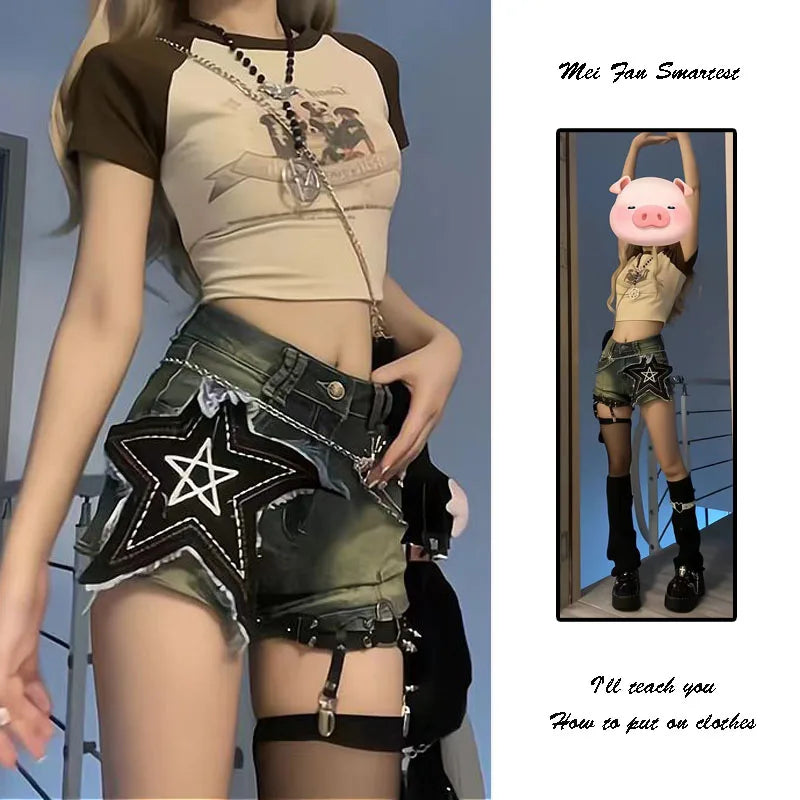 Y2K Star Embroidered Slim Fit Denim orts Women's High Waist Summer New Street Sle Pure Desire Hot Pants Straight Leg Jeans