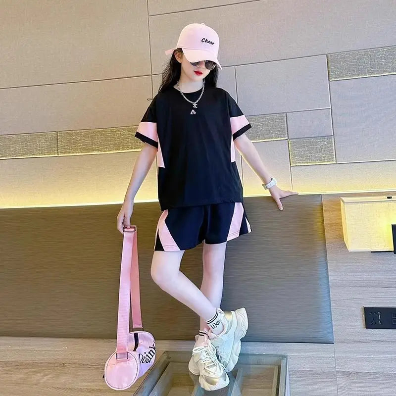 2025 New Girls Fashion Breathable Mesh Contrast Color Patchwork Tees+Pants 2pcs Sportsuits 7-14 Years Teenage Kids Clothes Sets