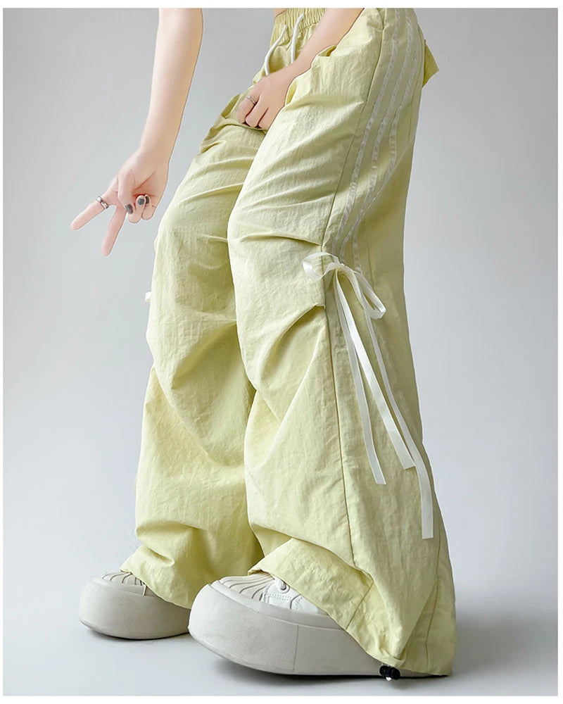 Zoki Dopamine Women Summer Pants Fashion Striped Bow Loose Multicolor Cargo Pants Casual Bf Ladies Trousers New