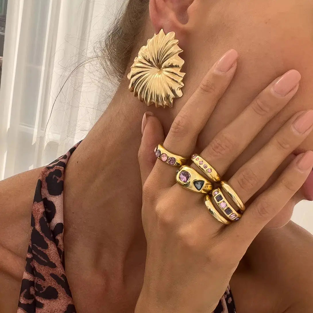 Salircon 6Pcs/set Inlaid Purple zircon Adjustable Opening Ring Set Women Smooth Gold Color Ring for Female Daily Jewelry Gift