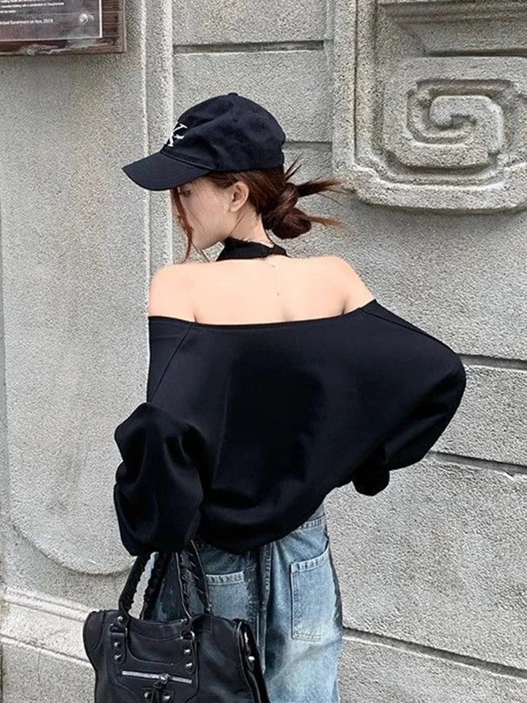 Zoki Sexy Halter Sweatshirt Women Streetwear Off Shoulder V Neck Pullovers Vintage Loose Backless Design Female Korean Tops New