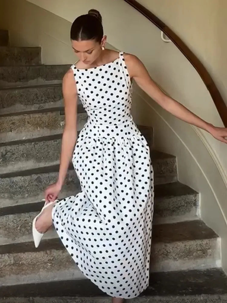 Elegant Women Polka Dot Maxi Dresses Chic Sleeveless Round Neck High Waist Slim Long Vestidos 2025 Lady Party Street New Dress