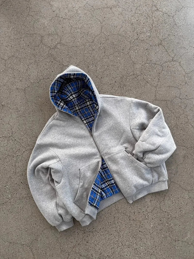 Casual Spring Oversized Reversible Hoodies for Men Street Clothes Hoodie with Plaid Lining Solid Color Sweatshirt Streetwear