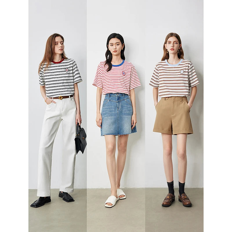 TOYOUTH Women Striped Short Sleeved T-shirt 2024 Summer New Academy Style Round Neck Top