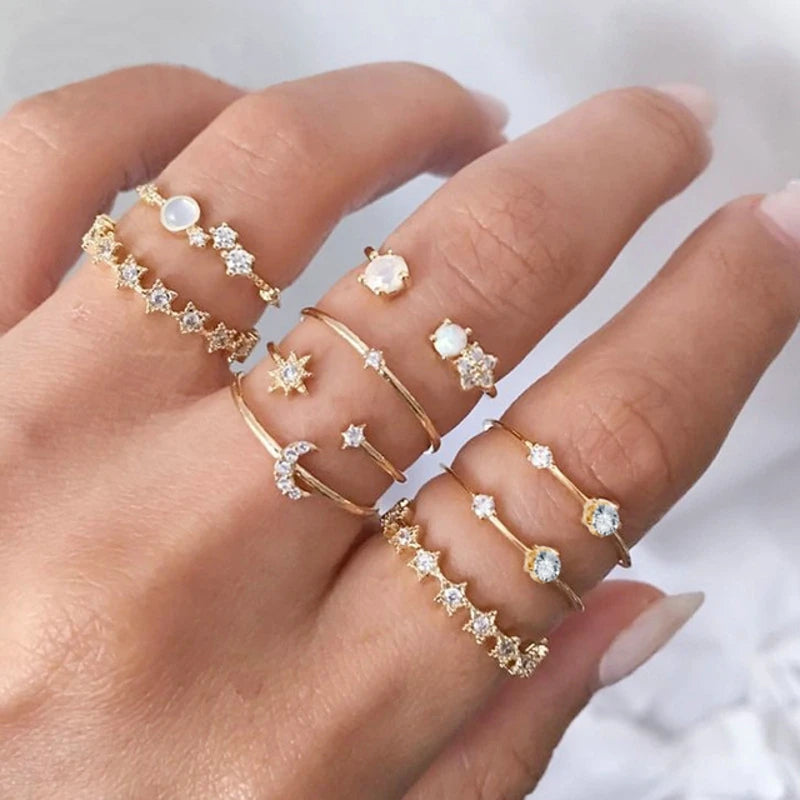 Vintage Shiny Zircon Butterfly Heart Ring Set Gold Color Boho Elegant Eyes Moon Geometric Rings Women Party Jewelry