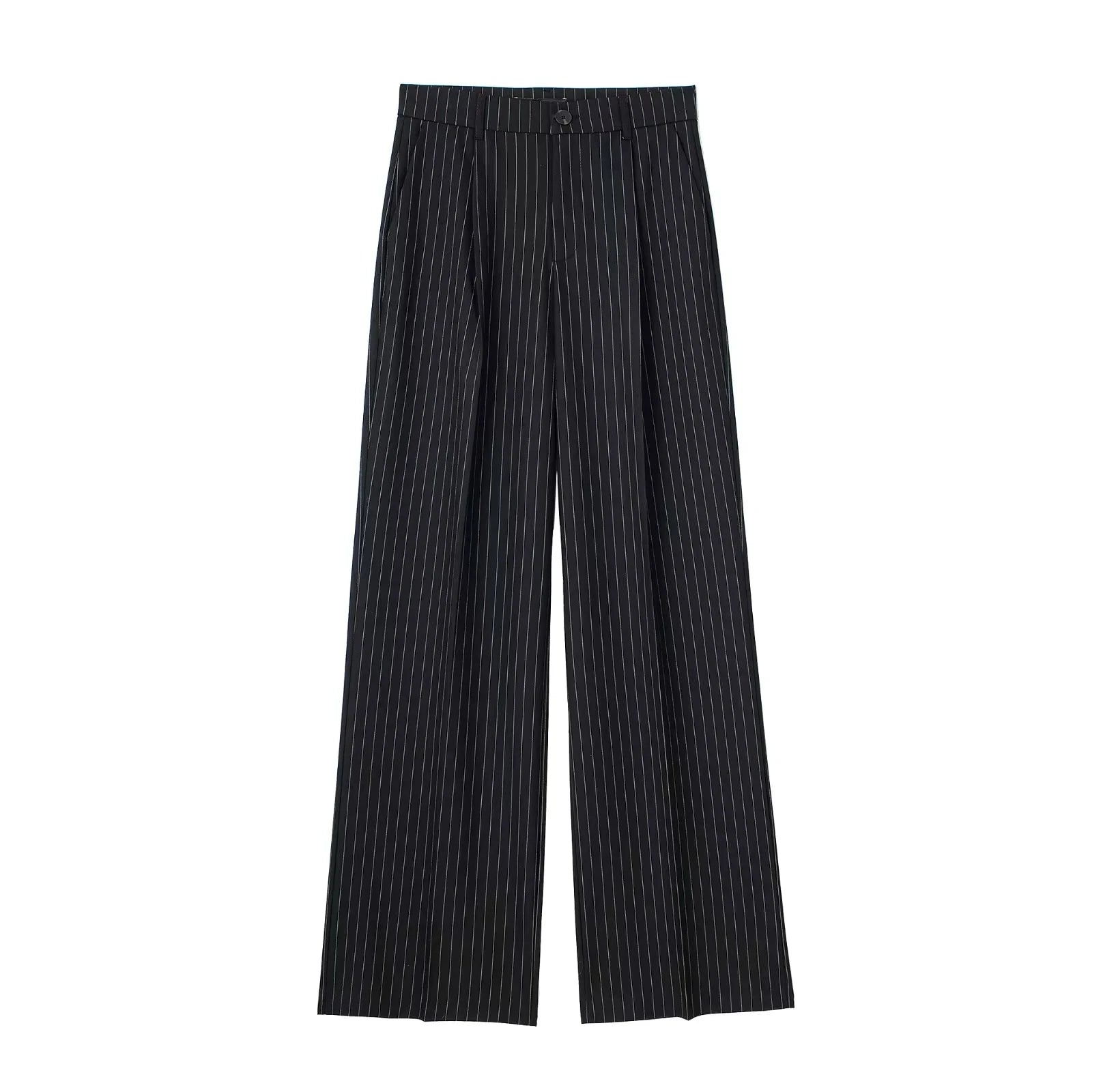 TRAF Women's Formal Pants Office Wear Women Striped Grey Black Pants Woman High Waist Baggy Suit Pants Casual Wide Leg Trousers