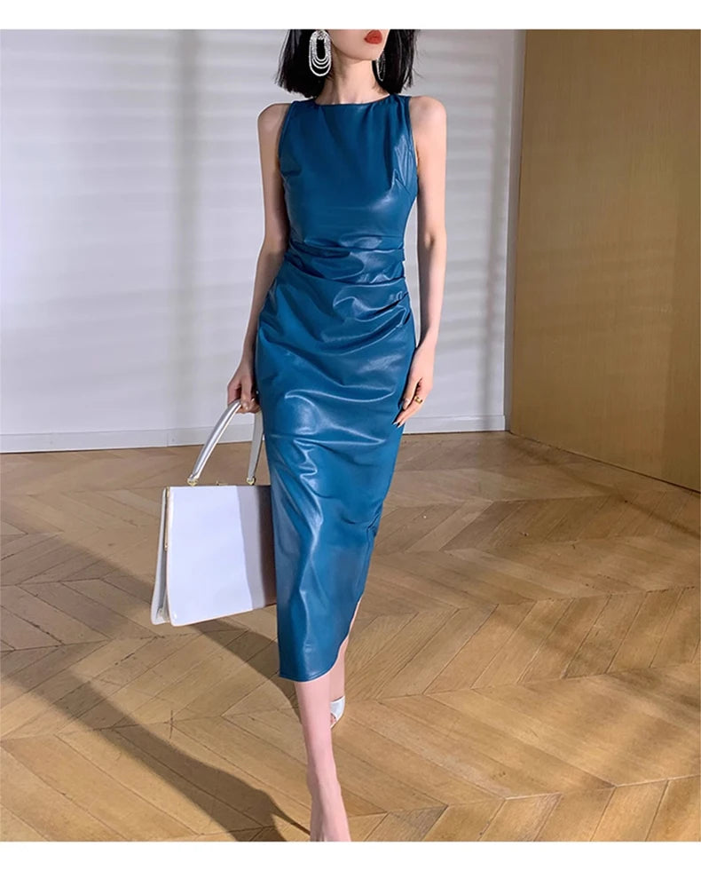 Lautaro Spring Autumn Sleeveless Backless Black Stretchy Blue Soft Faux Leather Midi Tank Dress Women Slim Fit Long Dresses 2023