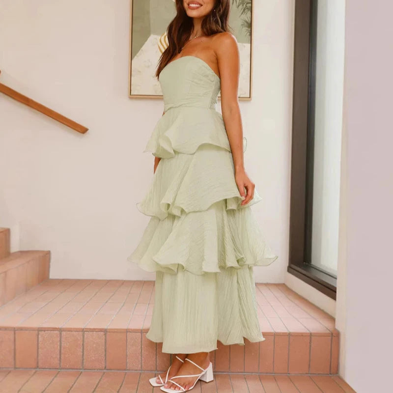 Women 2025 Backless Sleeveless One Piece Office Long Dress Elegant Solid Evening Dress All Match Layered Ruffle Slim Party Dress