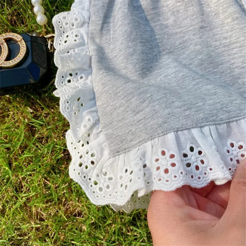 Baby Girls Clothes Summer Lace Patchwork Top & Shorts 2 Pieces Set Floral Decorated Tracksuit Kids Clothes Casual Outfit