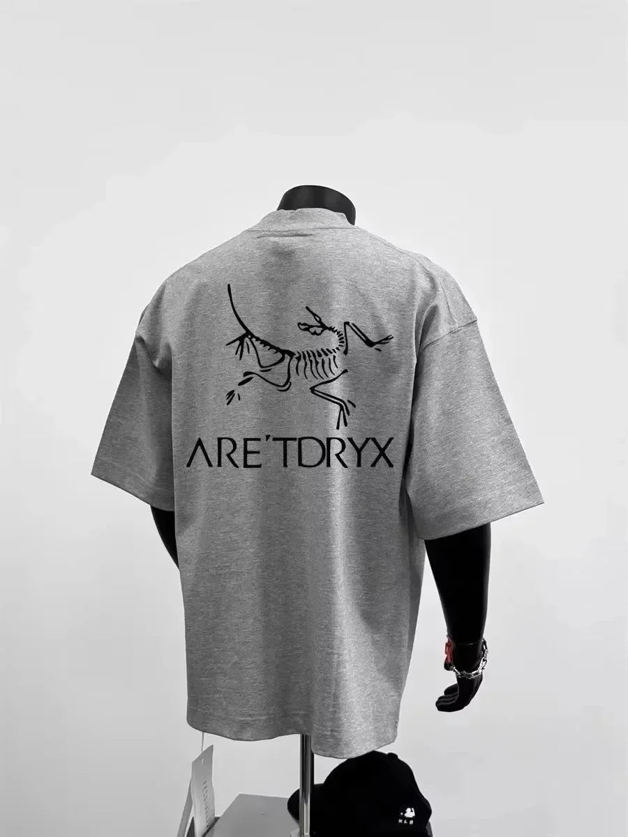 Men's Minimalist Cotton T-Shirt Skeleton Contrast Print Streetwear Top Gray Crew Neck Summer Graphic Tee