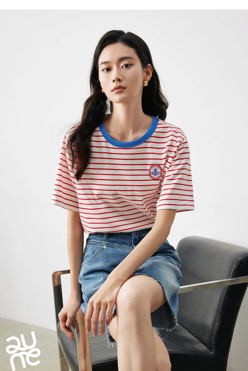 TOYOUTH Women Striped Short Sleeved T-shirt 2024 Summer New Academy Style Round Neck Top
