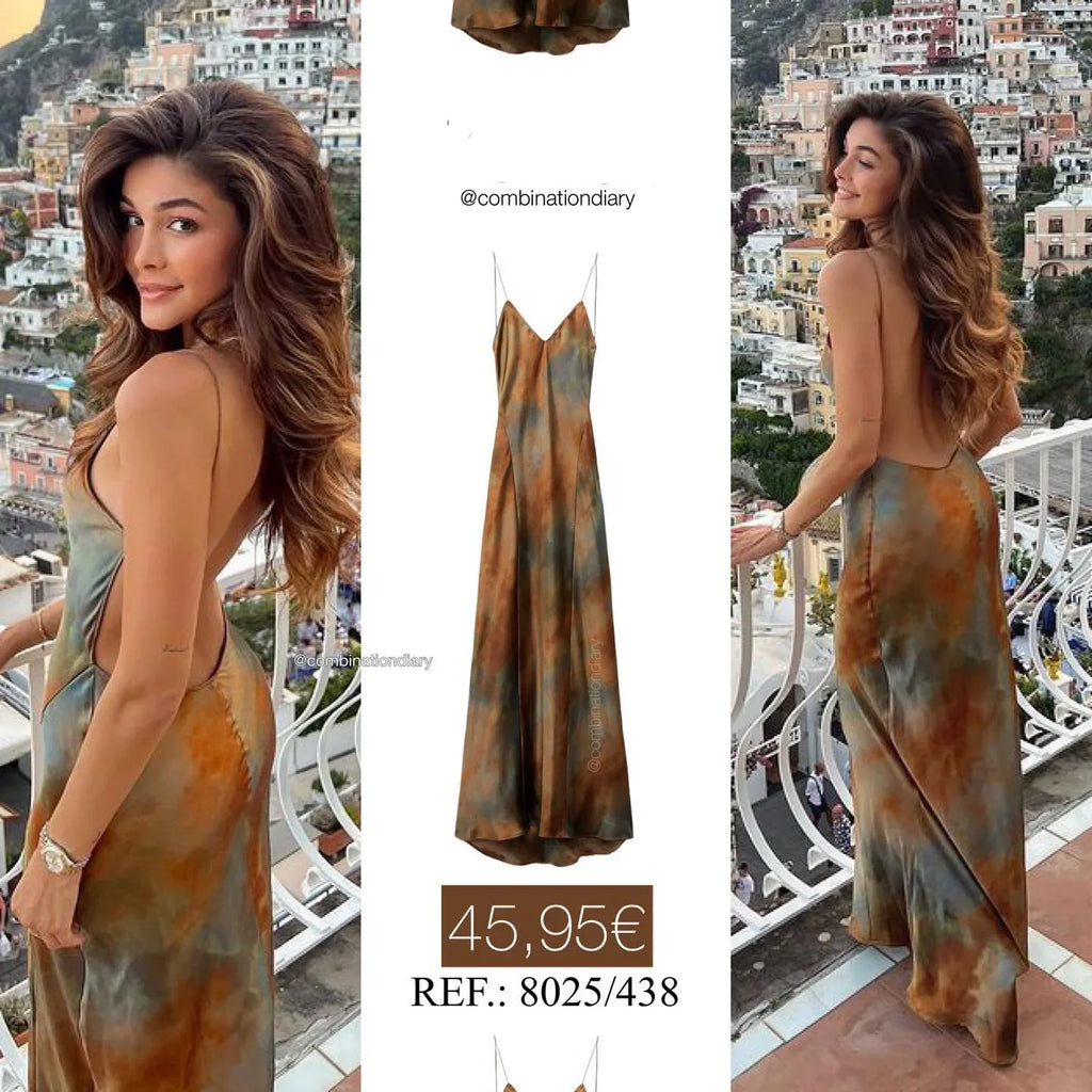 Elegant Sexy Long Dress New 2023 Design V-neck Open Back Rainbow Printing Tank Dress For Women Cross-border European Style