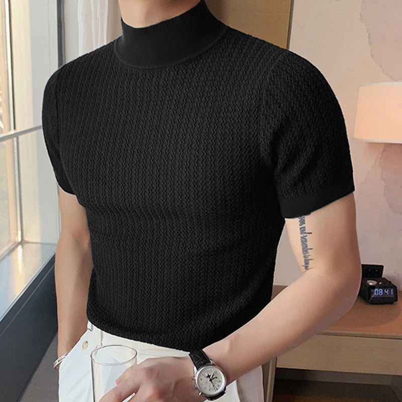 New Summer Fashion Tight T-shirt Casual Streetwear Textured High-neck Solid Color Short-sleeved Bottoming Tees Korean Style Tops