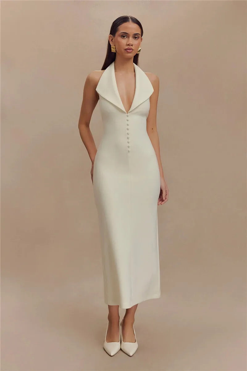 Mozision Halter Deep V Neck Sleeveless Sexy Maxi Dress For Women Elegant Backless Bodycon Tank Dress Femme Fashion Long Dress