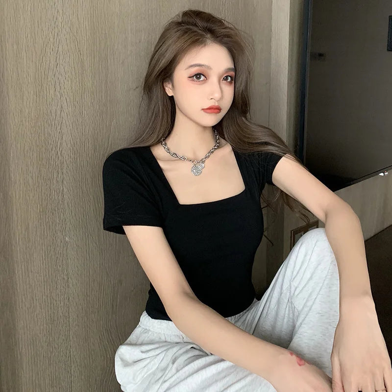 Women Slim Fit Square Neck Short Sleeve T-shirt High Waist Short Version Exposing Waist Outdoor Wear Base Shirt Top