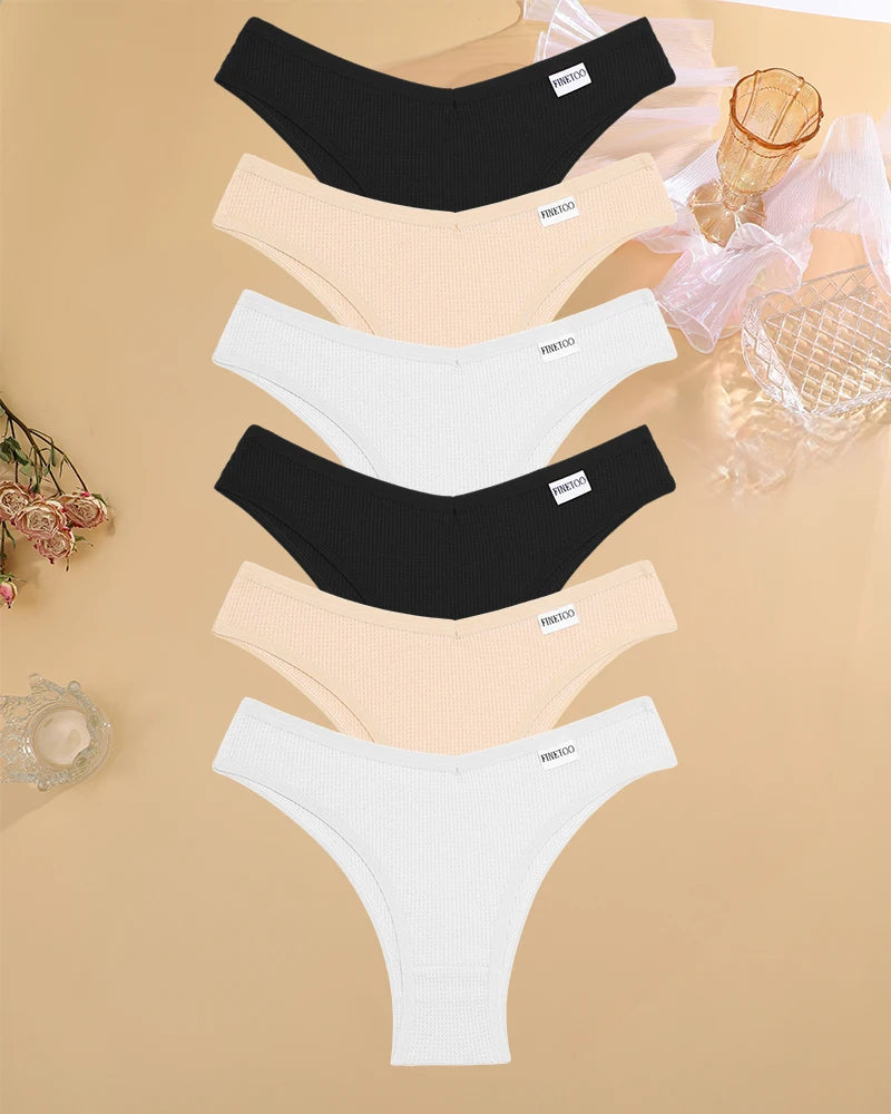 6PCS/SET Women's Waffle Cotton V-Waist Panties Multi-Color High Elasticity Brazilian Bikini Lingerie Set Sexy Female Underwear