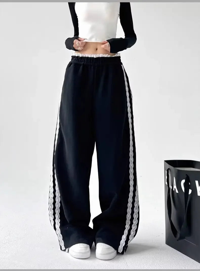 Trendy Casual Wide Leg Pants Women's Autumn Winter High Waist Splicing Lace Trim Drapey Slimming Sporty Trousers