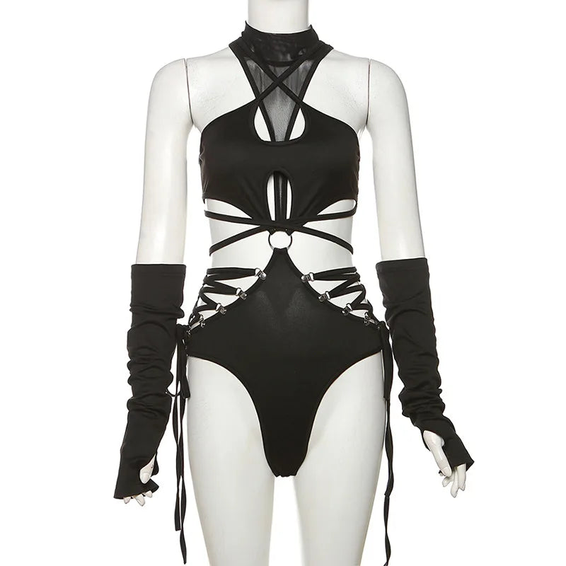 Bandage Hollow Out Sexy Cyber Y2k Bodysuits Gothic Techwear Mesh Patchwork Tops Female Glove Sleeve Mock Neck Bodysuit