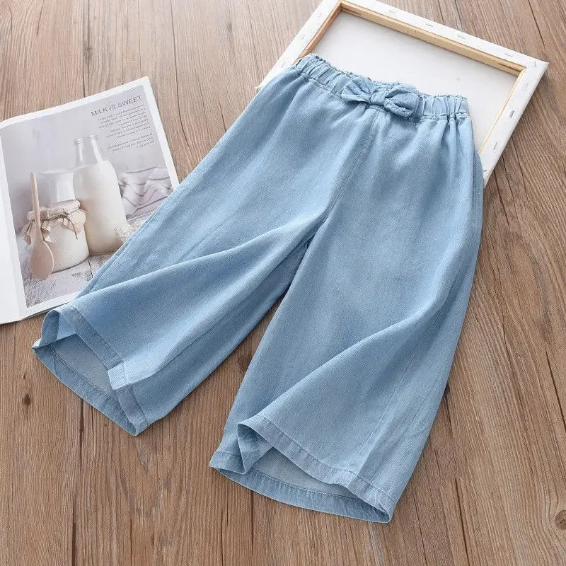 2025 New Fashion Children Wide Leg Pants Summer Casual Thin Chiffon Cropped Trousers For Teenager Girls Clothes 2 4 6 8 10 Years
