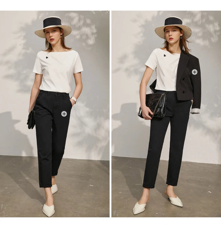 AMII Minimalism T-shirt Women 2023 Spring New Petite Niche Design All-match Office Lady Slash Neck Loose Embroidery Top 12342274