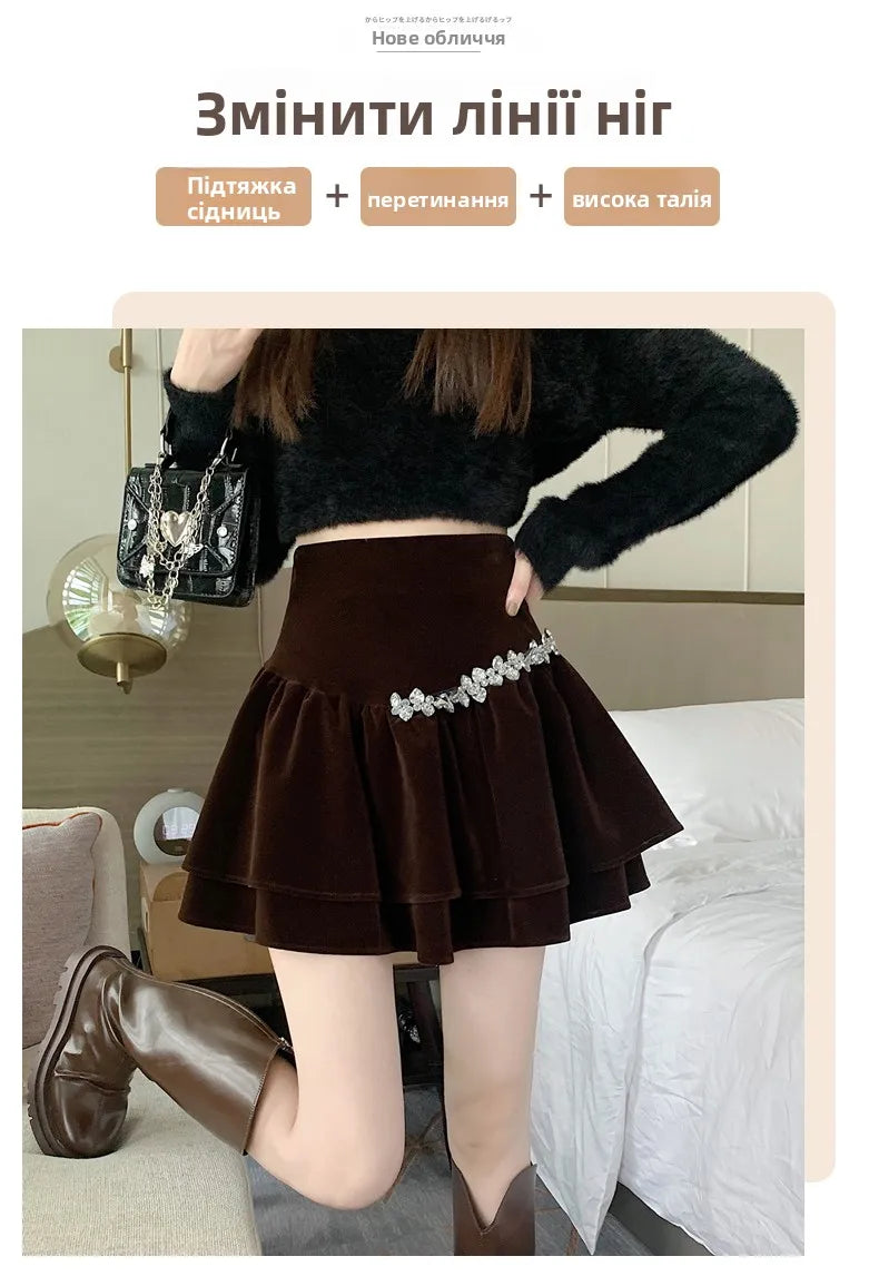 Bla Velvet Cake f Skirt Women's Autumn Winter High Waist A-Line Fluffy ort Skirt Small Size Pleated f Skirt