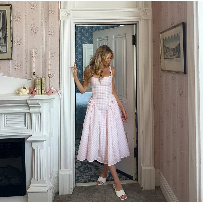 Women Fashion Plaids Pleated High Waist A-line Dress Elegant Sleeveless Backless Slim Long Dresses Summer New Party Streetwear