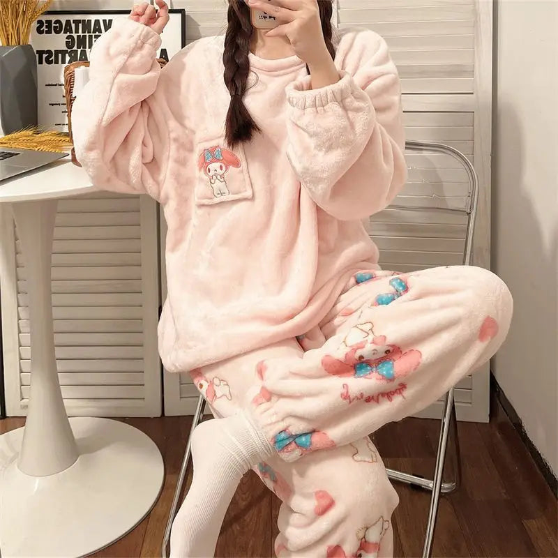 Sanrio Hello Kitty Flannel Pajamas Women Warm Plus Thicken Velvet Cartoon Casual Home Pants in Autumn Winter Fashion Pajamas