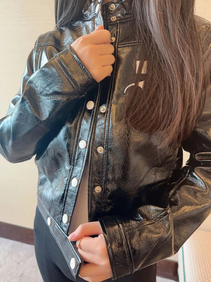 ort PU Jaet High Collar Bright Surface Color Blo Classic Bestseller Street Sle Long Sve Women's Leather Coat