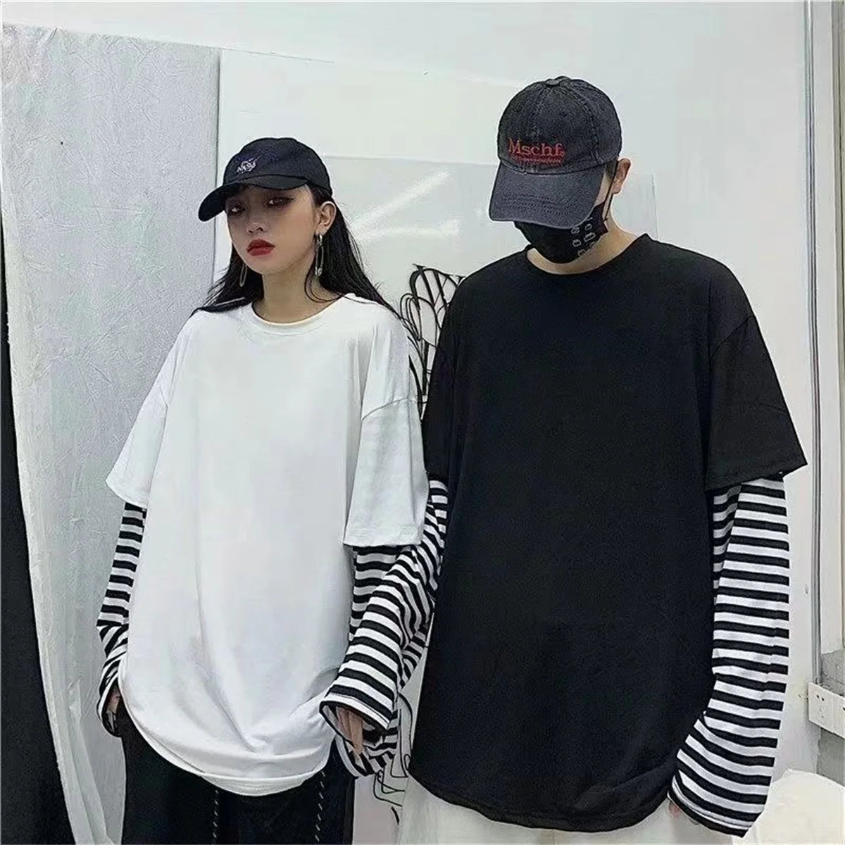 Long Sleeve Fake Two-piece T Shirt Striped Big Shirts Men Clothing Men Fashion Oversized Tees Clothes Tshirt Harajuku Tops Femme