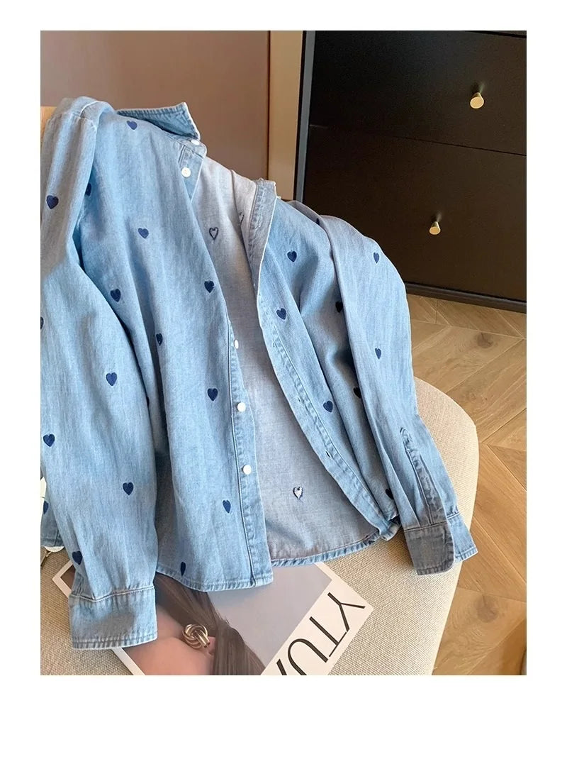 American Retro Blue Soft Denim Shirt Women's Spring Autumn Heart Print Thin Coat Casual Versatile Loose Long Sleeve Top Shirt