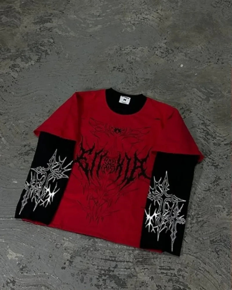 Y2k Men clothing hoodie Harajuku Fashion print long sleeve patchwork sweatshirt Retro high street trend couple loose hoodie