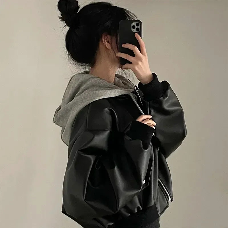 Fashion Hooded Loose Leather Jackets Women Fashion Faux Leather Coats Spring Autumn Korean PU Jackets