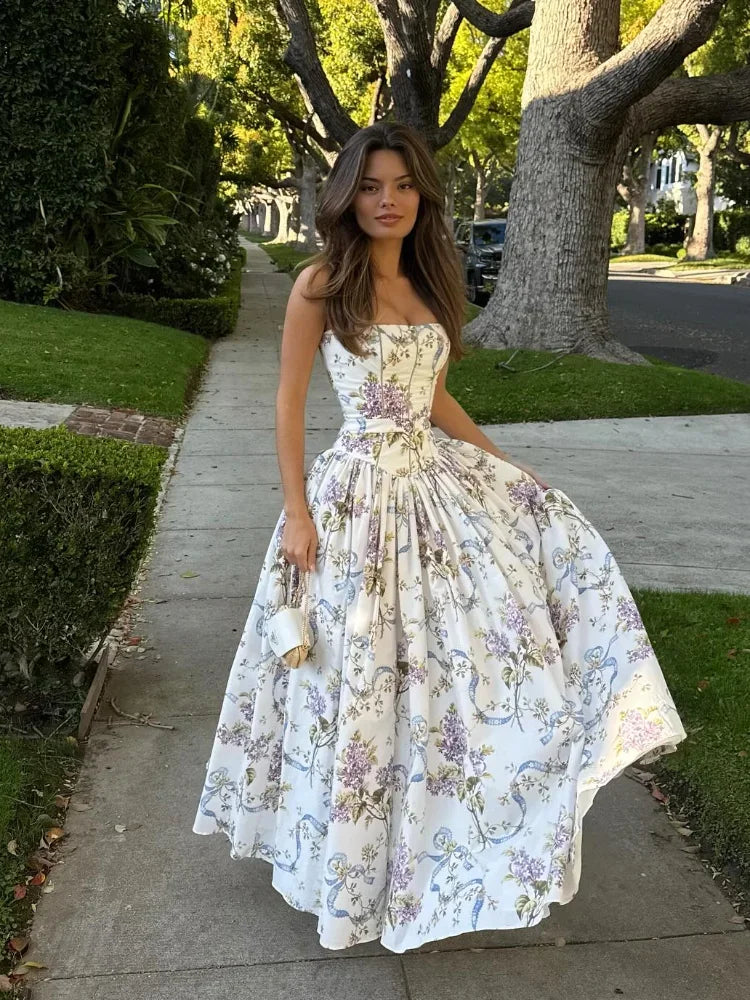 Chic Flower Print A-line Maxi Dress Women Elegant High Waist Strapless Backless Slim Vestidos 2025 Lady Summer Vacation Robes