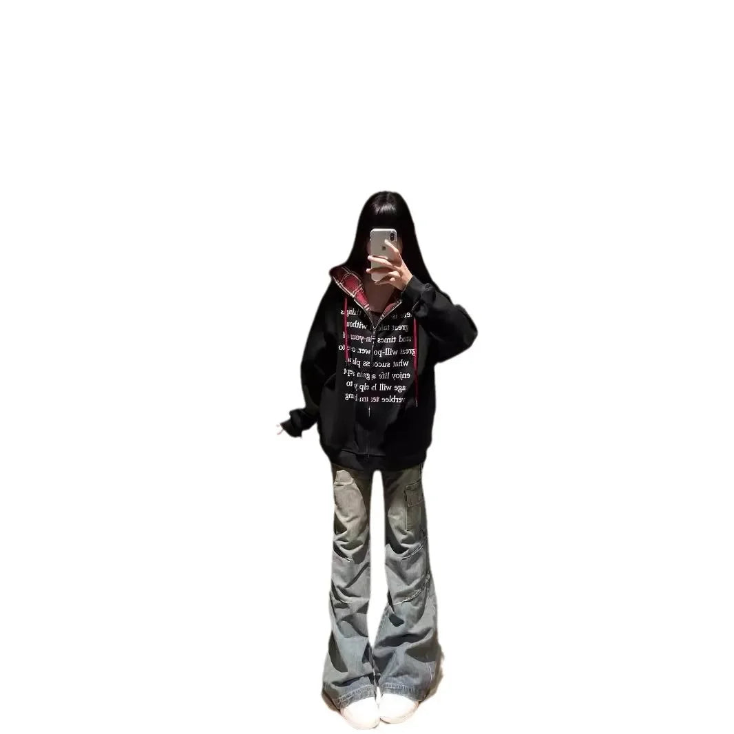 Hua Cotton Blend Milk Silk Hoodie Zipper Couple Jacket Retro Letter Patchwork Hat Sweatshirt 280g Vintage Style Women's Clothing