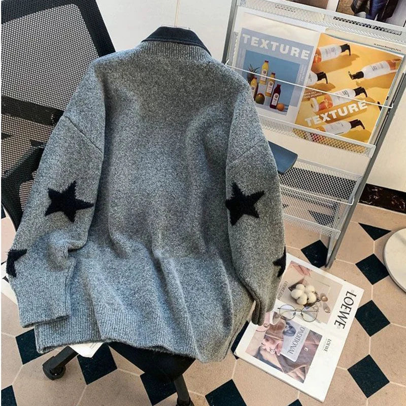 Zoki Star Print Y2K Sweaters Women American Red Patchwork Knitted Jumpers Tops Loose Female Design Turn Down Collar Pullovers