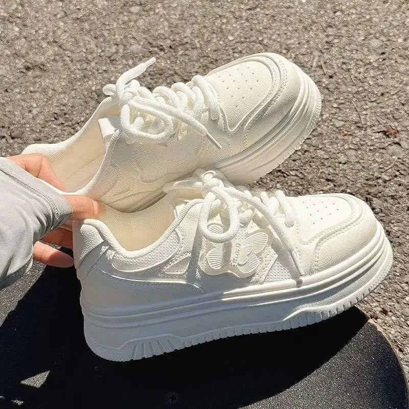 Summer Thick Bottom Casual Sports Shoes Women's New Style Breathable PU Material Comfortable All-Match Chic White Sneakers