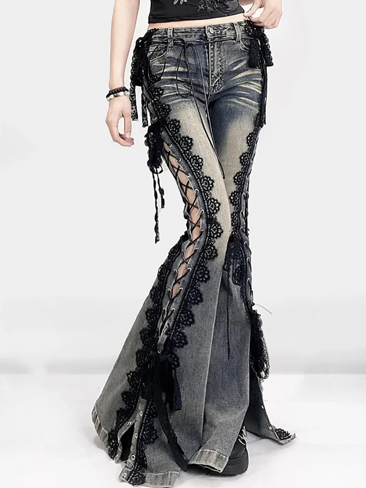 Sexy Punk Flared Jeans Long Trouser Women Lace Up Front Hollow Cut Out Bell Bottom Tied Up High Waist Streetwear Pants