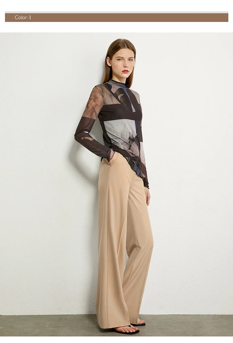 AMII Minimalism Long sleeve T-shirts for Women 2025 Spring New Bottoming Shirt Mesh Printing Inside Slim Trendy Tops 12421003