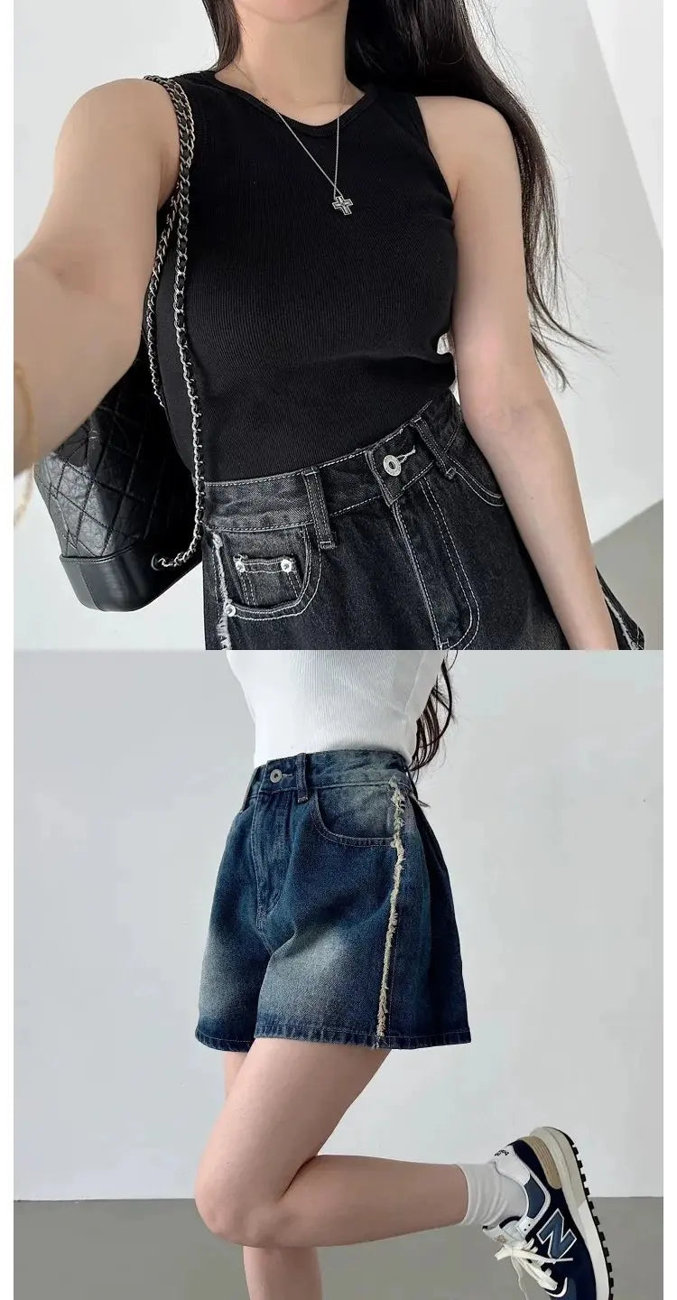 Retro Waed Distred High Waist Wide Leg Jeans orts Casual Sle A-Line Loose Fit Summer Denim orts for Women