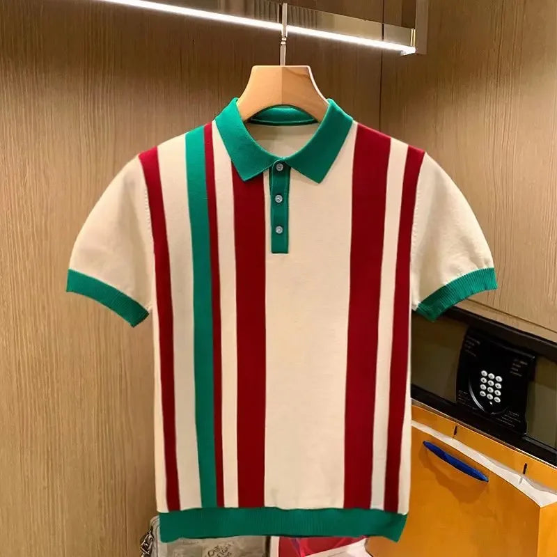 British Luxury Men's Fashion Slim Fit Knit Polo Shirt Casual Style Vertical Stripe Color Block Short Sleeves Sweater