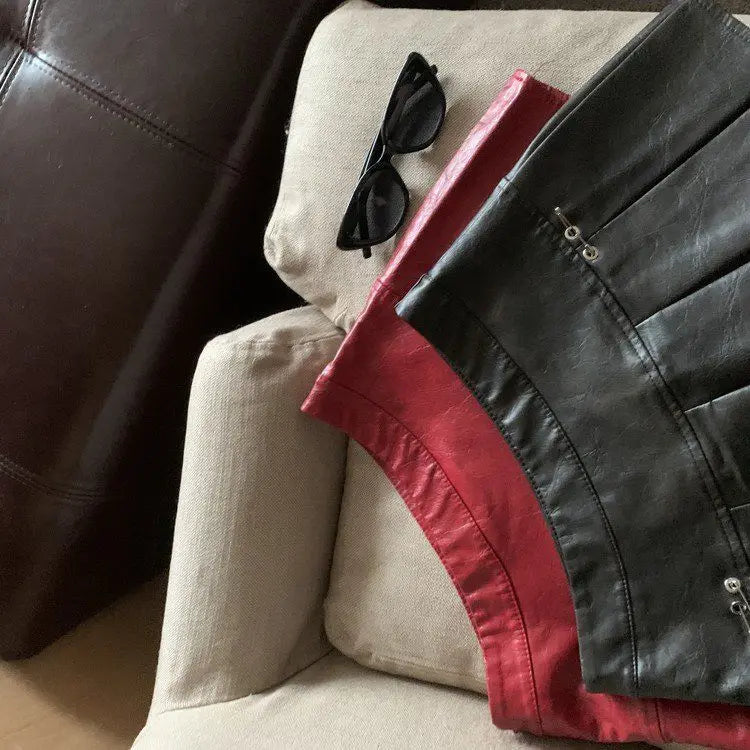 American PU Leather Pleated Skirt Women Slim High-waisted Design Mini Skirt Red Black